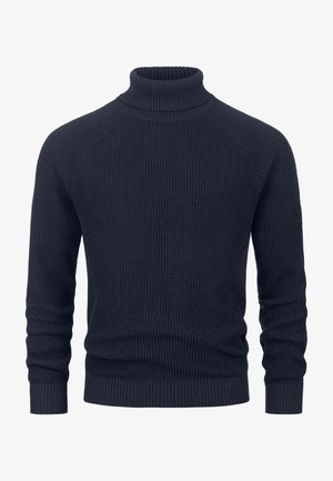 Suéter de punto azul marino con cuello alto, mangas ranglán, y puños y dobladillo acanalados. Tejido texturizado con un patrón uniforme.