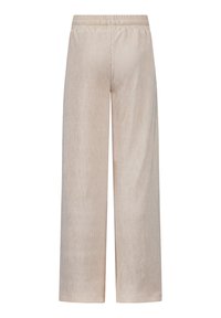 Lichtbeige brede broek met een gestructureerde stof, voorzien van een elastische tailleband en een rechte pasvorm. Geen zakken of zichtbare naden.