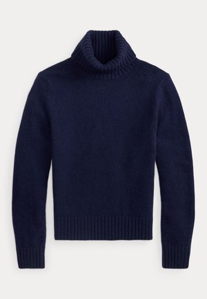 Pull à col roulé bleu marine à manches longues avec col, poignets et ourlet côtelés, posé à plat sur un fond blanc.