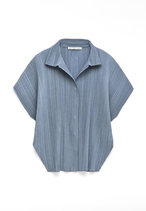 Short-sleeve, loose-fit blue shirt with vertical stripes and a wide collar, made from textured fabric, laid flat on a white background.