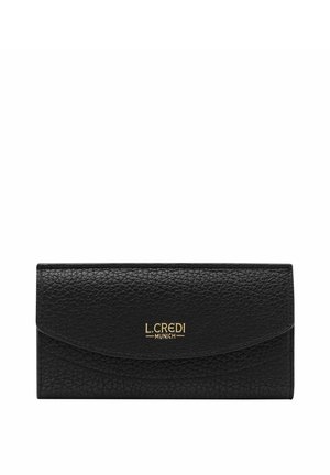 Black leather wallet with a pebbled texture, featuring a curved flap and embossed gold logo for a sleek design. Compact rectangular shape.