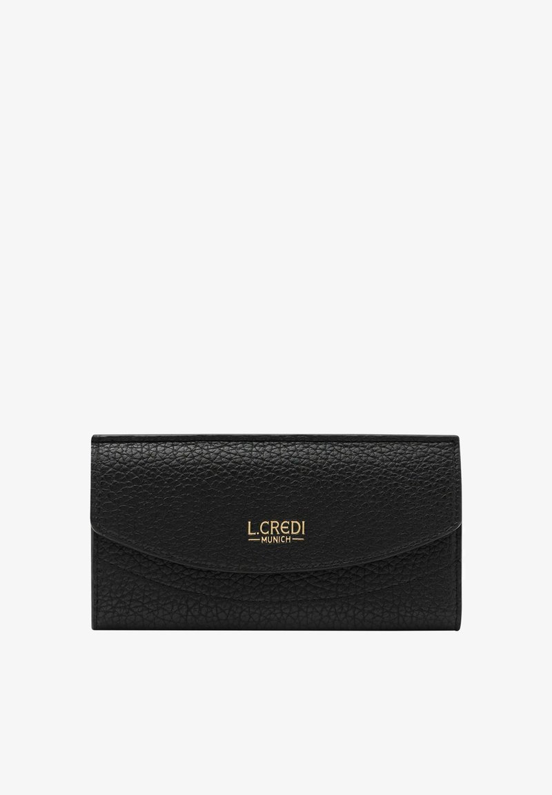 Schwarzes Lederportemonnaie mit einer genarbten Textur, ausgestattet mit einem geschwungenen Deckel und einem prägenden goldenen Logo für ein elegantes Design. Kompakte rechteckige Form.
