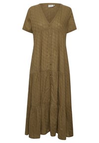 Robe vert olive à manches courtes avec un décolleté en V, boutonnière à l'avant, jupe à volants et tissu texturé comportant des motifs subtils.