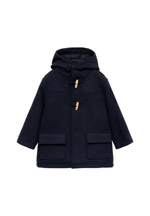 Manteau duffle à capuche bleu marine avec deux fermetures en bois et deux grandes poches avant à rabat.