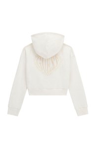 Abgeschnittenes weißes Hoodie aus weichem Stoff mit einem großen, in Beige gestickten Logo auf dem Rücken und gerippten Bündchen.