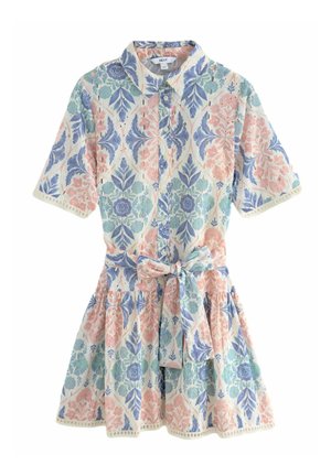 Short-sleeve button-up dress with collar, tied waist belt, and floral pattern in blue, pink, and green on white background.