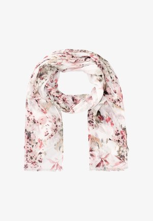 Let tørklæde med pink, beige og brune blomsterprint, løst foldet mod en hvid baggrund.