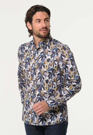 Getailleerde blouse met lange mouwen met een bloemenpatroon in marineblauw, olijfgroen en beige tinten, voorzien van een opstaande kraag en contrasterende knoopaccenten.