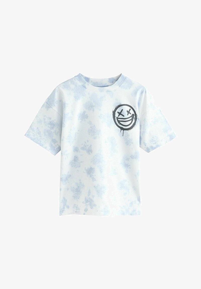 Bavlněné tričko s krátkým rukávem ve světle modrém tie-dye vzoru, s černou grafikou usmívající se tváře na levé straně hrudi.