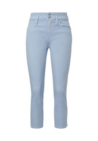 Vaqueros de denim azul claro con un diseño ajustado, cintura de altura media, cierre frontal de doble botón y dos bolsillos delanteros.