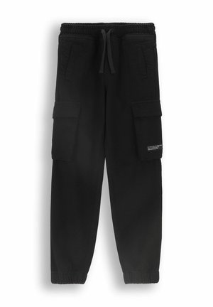Czarne spodnie cargo z elastycznym pasem, regulowanym sznurkiem, dwoma kieszeniami bocznymi i dwoma kieszeniami cargo. Gładka tkanina, tapered leg design.