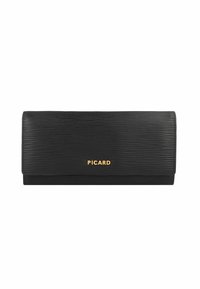 Portefeuille noir avec une surface texturée, doté d'une fermeture à rabat et du logo doré "PICARD" sur le devant. Forme rectangulaire avec un design épuré.