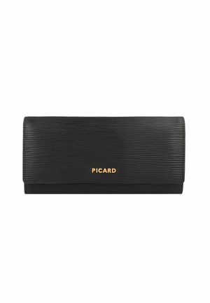 Black wallet with a textured surface, featuring a flap closure and gold "PICARD" logo on the front. Rectangular shape with sleek design.