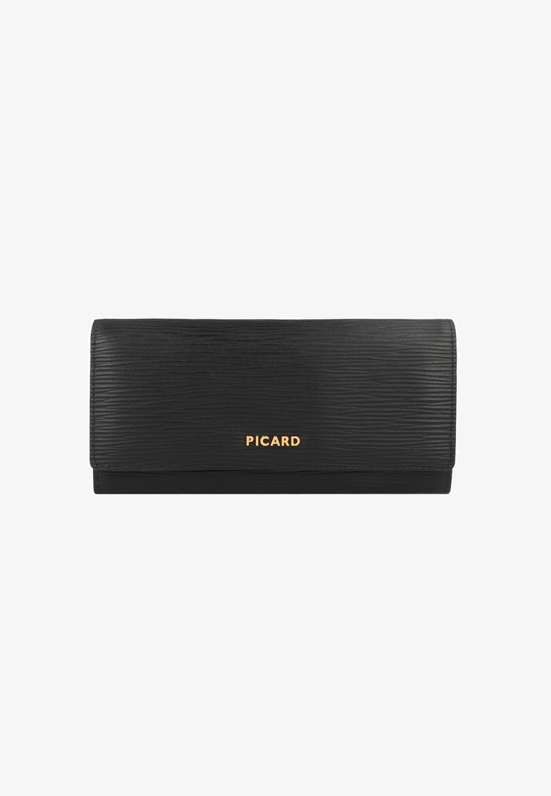 Cartera negra con una superficie texturizada, presenta un cierre de solapa y el logo dorado "PICARD" en la parte delantera. Forma rectangular con un diseño elegante.