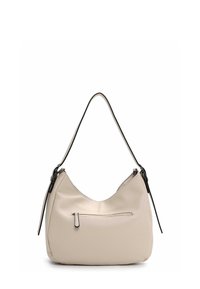Sac hobo en cuir beige avec une finition texturée, un dessus courbé, une seule bandoulière et une poche zippée à l'avant avec des détails de fermeture éclair noire.