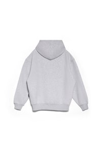 Felpa grigia chiara con un tessuto testurizzato, vestibilità oversized, polsini a coste e un grande cappuccio. Vista posteriore che mostra un design semplice.