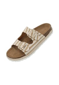 Beige geweven sandalen met twee verstelbare gespbandjes, zachte suède binnenzool en een gestructureerde witte rubberen zool. Vlak profiel met een minimalistisch ontwerp.