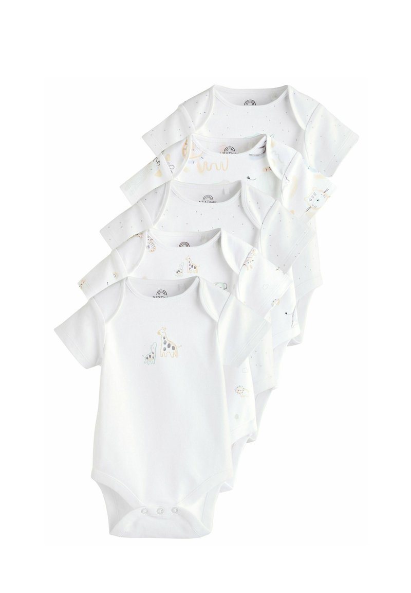 Pack mit fünf weißen Babybodys aus weicher Baumwolle. Mit kurzen Ärmeln, Rundhalsausschnitten und verschiedenen Tiermotiven und Mustern.