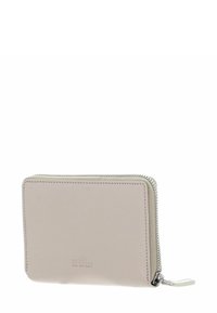 Portefeuille en cuir gris clair avec fermeture zippée autour, texture lisse, forme rectangulaire et protection RFID. Détail discret du logo à l'avant.
