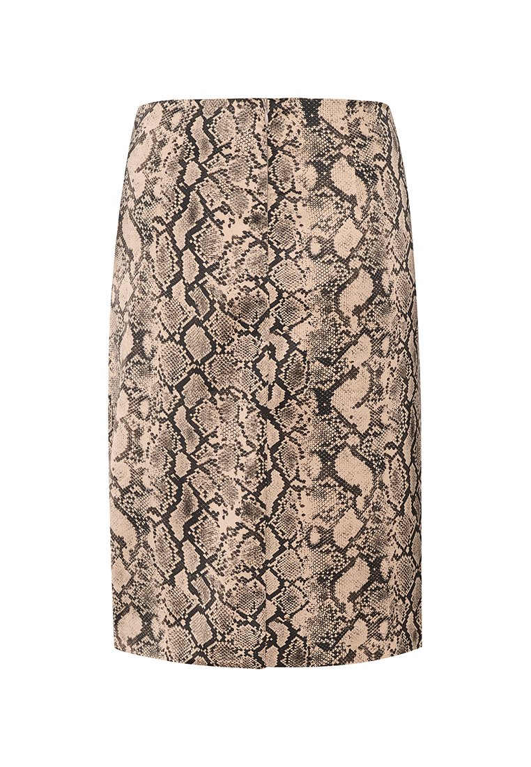 Spódnica ołówkowa w print wężowy w odcieniach beżu i czerni, o dopasowanym kroju, gładkiej teksturze i długości do kolan z rozcięciem z tyłu.