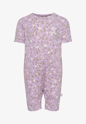 Lilla kortærmet romper med blomstermotiv i pink og grøn. Blødt bomuldsstof med trykknapper i bunden for nem påklædning.