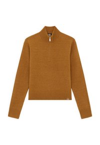 Brown, knit zip-up sweater with a high collar. Ribbed cuffs and hem, featuring a small logo patch on the lower side. Soft texture.