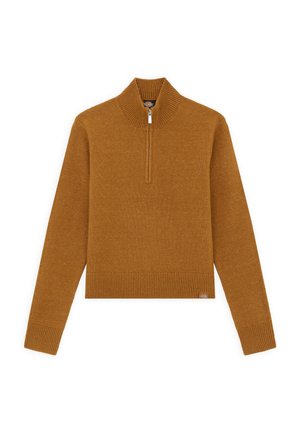 Brown, knit zip-up sweater with a high collar. Ribbed cuffs and hem, featuring a small logo patch on the lower side. Soft texture.