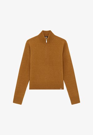 Bruine, gebreide zip-up trui met een hoge kraag. Ribgebreide manchetten en zoom, voorzien van een klein logo op de onderzijde. Zachte textuur.