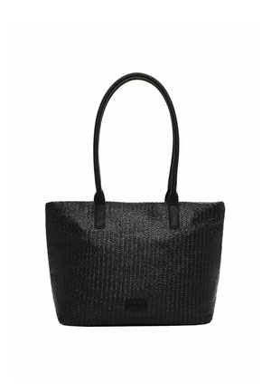 Zwarte gevlochten draagtas met twee lange leren banden en een rechthoekige vorm, ontworpen voor het meenemen van persoonlijke spullen.