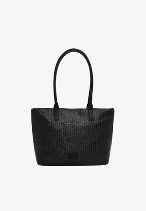 Zwarte gevlochten draagtas met twee lange leren banden en een rechthoekige vorm, ontworpen voor het meenemen van persoonlijke spullen.