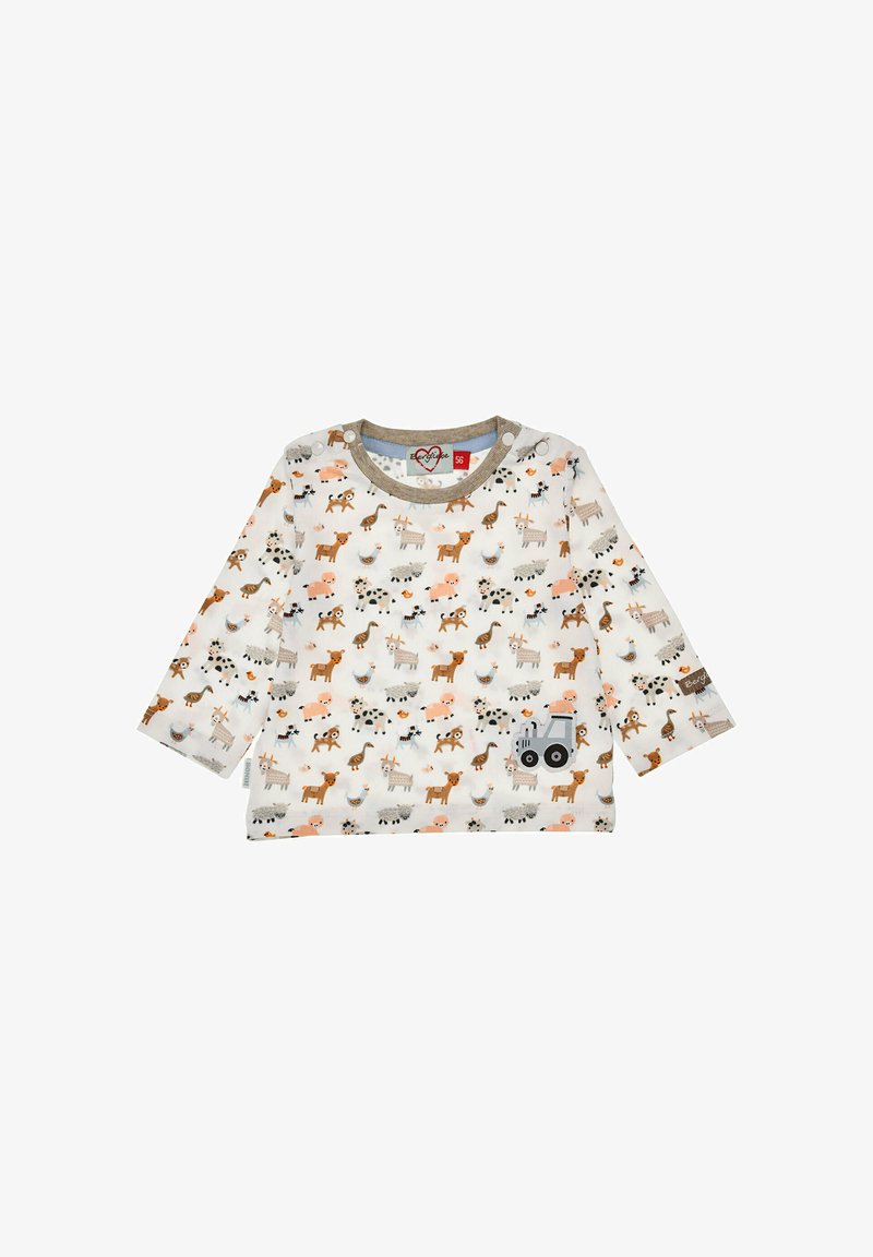 Langärmliges Kinderhemd in hellem Creme mit einem wiederholten Tier- und Traktormuster in Orange, Braun, Grau und Schwarz. Hat eine weiche Textur.