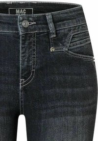 Schwarze Denim-Jeans im klassischen Fünf-Taschen-Design, mit einer Knopfverschluss und dezenten Nähten. Glatte Textur und taillierte Form.