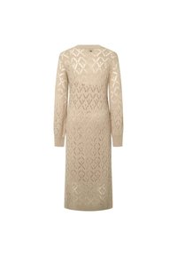 Abito in maglia beige con un motivo di pizzo a rombi, maniche lunghe, colletto tondo e silhouette di lunghezza media, caratterizzato da polsini e orlo a costine.