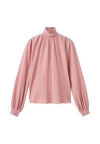 Blusa rosa chiaro a maniche lunghe, collo alto, in tessuto morbido con texture, pieghe e polsini arricciati. Silhouette semplice con vestibilità comoda.