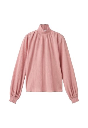 Langärmlige Bluse in sanftem Pink mit hohem Kragen, aus strukturiertem Stoff, mit Falten und gerafften Manschetten. Schlichte Silhouette mit lässiger Passform.