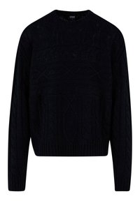 Pull noir en tricot avec un design de câble texturé, col rond, et poignets et ourlet côtelés. Longueur plus courte avec une coupe décontractée.