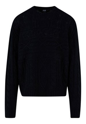 Schwarzer gestrickter Pullover mit strukturiertem Zopfdesign, rundem Halsausschnitt und gerippten Bündchen und Saum. Kürzere Länge mit lockerer Passform.