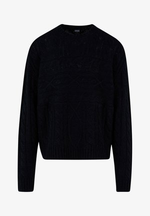 Fekete kötött pulóver texturált fonott mintával, kerek nyakkivágással, bordás mandzsettával és aljjal. Rövidebb hosszúság, laza szabással.