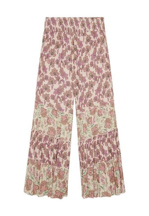Pantalones de pierna ancha con estampado floral en rosa claro y crema, con cintura elástica y volantes en capas con varios diseños de flores.