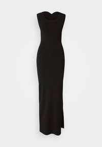 Robe longue noire à silhouette ajustée, encolure dégagée, sans manches, avec une fente latérale pour la mobilité. Fabriquée en tissu lisse et extensible.