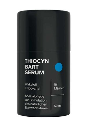 Schwarze zylindrische Flasche mit der Aufschrift Thiocyn Bart Serum, ein 50 ml Bartwuchsstimulator-Serum für Männer mit dem Wirkstoff Thiocyanat.