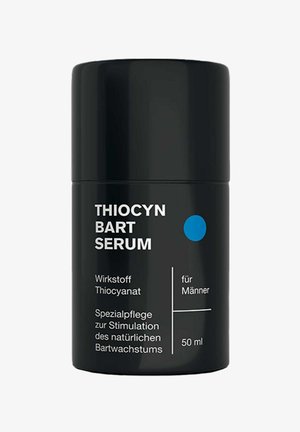 Sort cylindrisk flaske mærket Thiocyn Bart Serum, et 50 ml skægvækststimulerende serum til mænd med aktiv ingrediens thiocyanat.