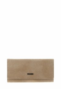 Portefeuille en cuir beige avec une texture lisse, forme rectangulaire et fermeture à bouton-pression magnétique. Présente un logo discrètement embossé sur le devant.