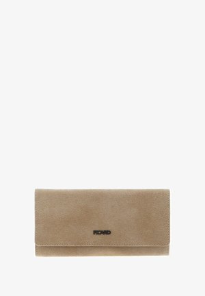 Portefeuille en cuir beige avec une texture lisse, forme rectangulaire et fermeture à bouton-pression magnétique. Présente un logo discrètement embossé sur le devant.