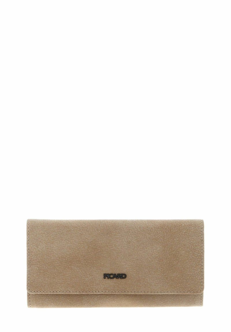 Portefeuille en cuir beige avec une texture lisse, forme rectangulaire et fermeture à bouton-pression magnétique. Présente un logo discrètement embossé sur le devant.