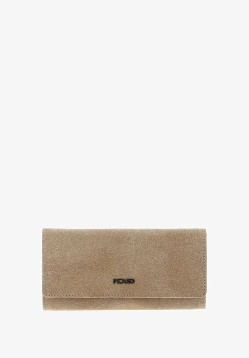 Portefeuille en cuir beige avec une texture lisse, forme rectangulaire et fermeture à bouton-pression magnétique. Présente un logo discrètement embossé sur le devant.