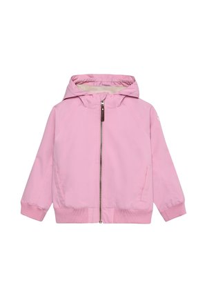 Chaqueta rosa con capucha que cuenta con cierre frontal de cremallera, bolsillos laterales, puños acanalados y un forro interior suave. Está hecha de un tejido liso y ligero.