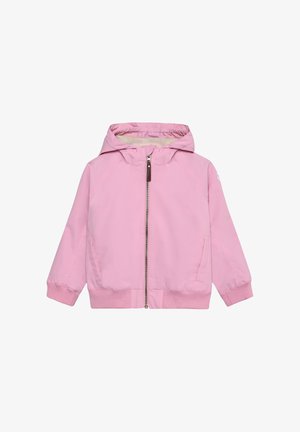 Roze gewatteerde jas met capuchon, voorzien van een ritssluiting aan de voorkant, zijzakken, geribbelde manchetten en een zachte binnenvoering. Gemaakt van soepel, lichtgewicht materiaal.