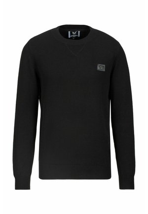 Maglione nero a manica lunga con scollo tondo, polsini e orlo a costine, con una piccola toppa rettangolare del marchio sul lato sinistro del petto.