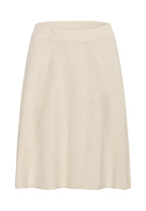 Knit beige skirt with a flared design, featuring ribbed texture and panel seams. Short length and elastic waistband for comfort.